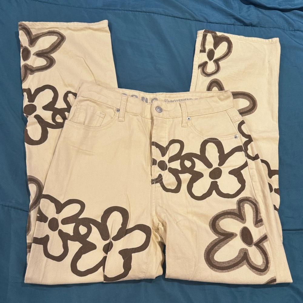 S.O.N.G. Cream and Brown Floral Print Boyfriend Jeans